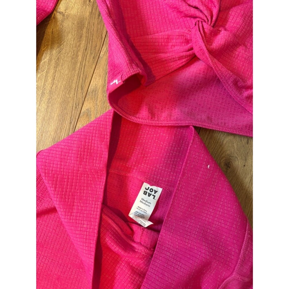 JoyLab Hot Pink Ribbed Twist-Front Crop Top & Flare Pants Set - Picture 2 of 2